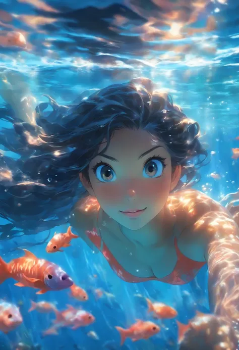 "best quality, masterpiece, detailed underwater scene of a 1girl with long, black hair and blue eyes. The girl is swimming in clear water, with sunlight filtering through the surface, creating dappled patterns of light on her skin. There are air bubbles ri...