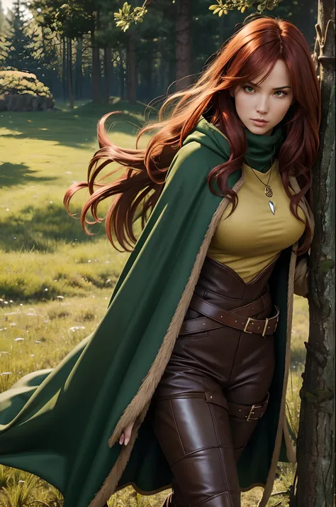 32 yo woman forest archer in a fantasy world, fullbody, full character, female protagonist, very tall woman, wearing knee-high lightweight brown leather boots, wearing green and yellow Ranger cloak, wearing a Oakleaf necklace, wearing green breeches beneat...