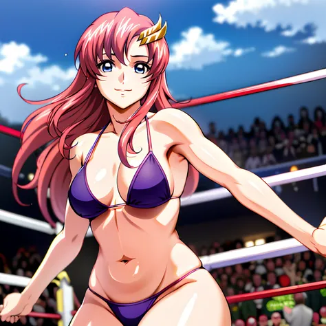 (masterpiece, far view, 4K, Best Quality, Anime style: 1.9,, Adult Woman, ultra detailed face, (cloud background, wrestling), Drawing lines, high resolution, Anime, lacus4), 1girl, Solo, curvy figure, Long hair, 鎖骨, scapular, (Detailed wide hair bangs, Hai...