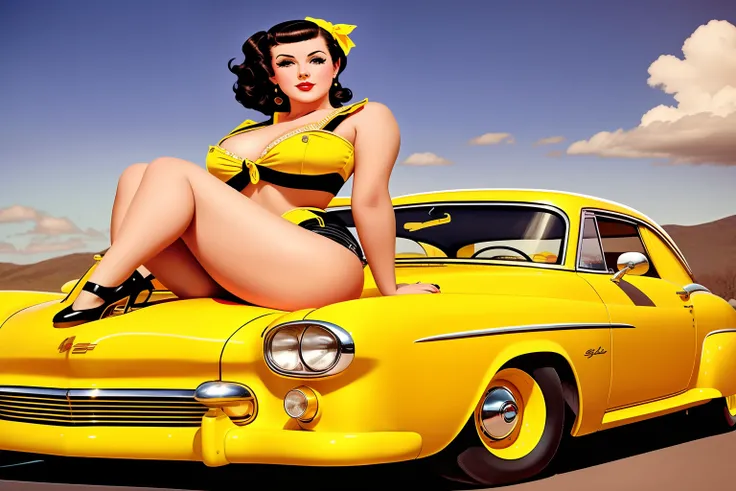 painting of a woman sitting on the hood of a yellow car, pinup art, pin-up poster girl, pin - up, pin-up, girl pinup, vintage pin up, gil elvgren style, pinup, pin up, pinup girl, sixties pinup, pinup model, by Gil Elvgren, pin up style poster, gill elvgre...