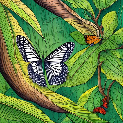 butterfly emerging from a cocoon or a tree growing from a seed, illustration, free pencil style --auto --s2