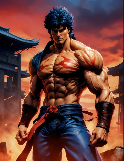 um close up de um homem com uma espada em uma cidade, Tom Cruise como Kenshiro, personagem de jogo de luta, Punho da Estrela do Norte, Baba, como personagem em tekken, estilo Baba, badass anime 8 k, Shinkiro, Ryu, Street Fighter, Baki o Grappler, Daigo Ike...