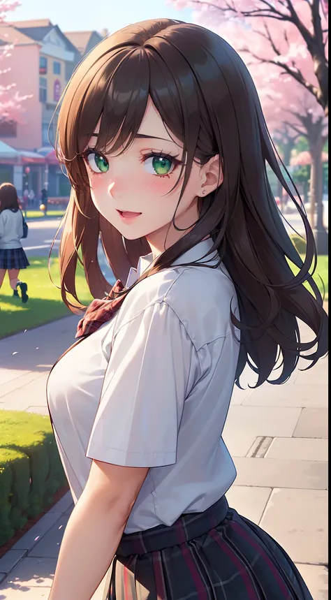 ((masterpiece, best quality, highres, UHD, perfect pixel, depth of field, 4k, RTX, HDR))), 1girl, single, solo, beautiful anime girl, beautiful artstyle, anime character, ((long hair, bangs, brown hair, curly hair:0.8)), ((green eyes:1.4, rounded eyes, bea...