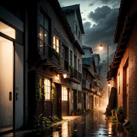 (Armageddon)，Dilapidated city，Plants climbing all over the walls ，Night，raining heavily，Black rain，Dilapidated streets，Dimly lit alley，（gloomy lighting），relic，(Dilapidated buildings)，(Uninhabited city)