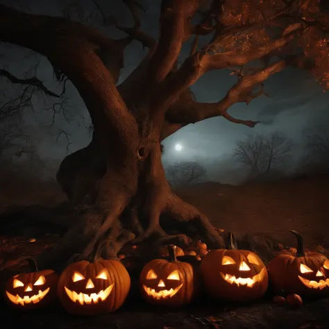 Halloween, haunted pumpkins, with witches left in the darkness, dry trees and a scary cartel, UHD