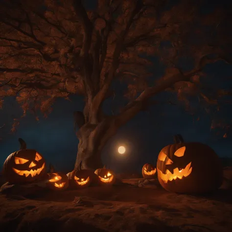 Halloween, haunted pumpkins, with witches left in the darkness, dry trees and a scary cartel, UHD