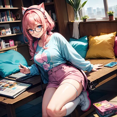 Mina has pale pink hair that falls in loose curls over her shoulders. His eyes are a bright shade of blue and he wears round glasses with a slightly comical touch. He wears a t-shirt with a pixel art print of his favorite video game character and a pair of...