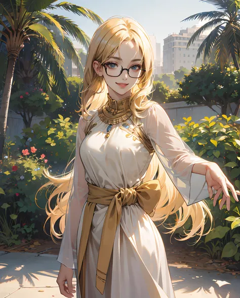 (anime, realistic, young adult, female, blonde hair, middle eastern dress, wearing glasses, standing behind oasis, smiling)