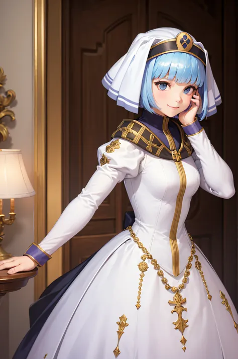 masterpiece, best quality, silque, veil, dress, white dress, white sleeves, habit, nun, short hair, smiling, wrist cuffs