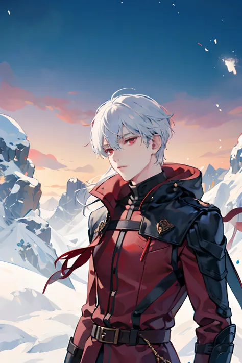 snowy background, adult guy, white hair, red eyes, dressed like a rogue, holds a dagger