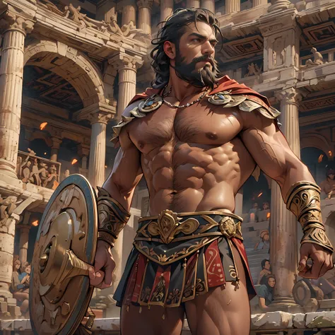 Muscular gladiator, upper body revealed, legs uncovered from thighs to feet, adorned with a beaded beard, flowing long curls, intricate muscular details, photorealistic artwork, 4K resolution. Background: Ancient Roman arena,32k uhd, best quality, masterpi...