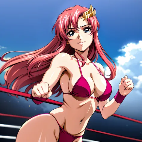 (masterpiece, far view, 4K, Best Quality, Anime style: 1.9,, Adult Woman, ultra detailed face, (cloud background, wrestling), Drawing lines, high resolution, Anime, lacus4), 1girl, Solo, curvy figure, Long hair, 鎖骨, scapular, (Detailed wide hair bangs, Hai...