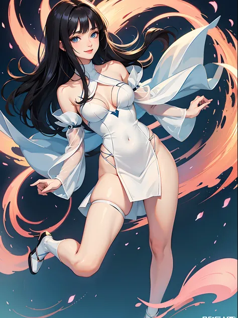 Anime style image of a beautiful woman with straight, short, black hair with bangs. blue eyes, fair skin, delicate appearance, smiling, reddish lips and wearing a simple white dress. full body