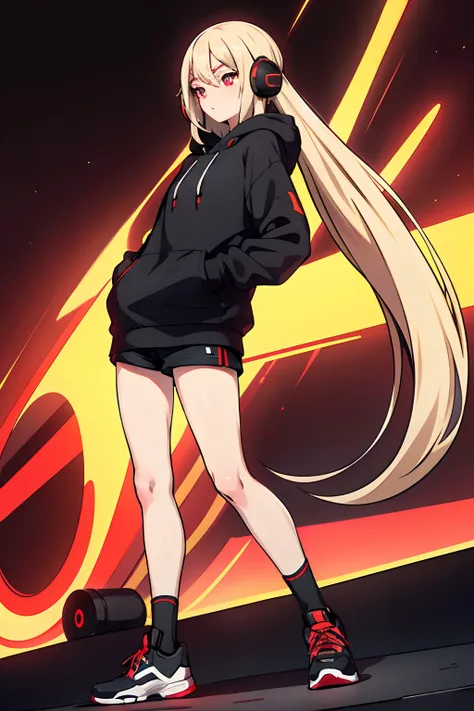 best quality, expressive eyes, perfect face, small shorts, sleek legs, black hoodie,, long blonde hair, glowing eyes, red eyes, side glance, hands in pockets, headphones on, listening to music, vibing to the music, headbanging, dancing