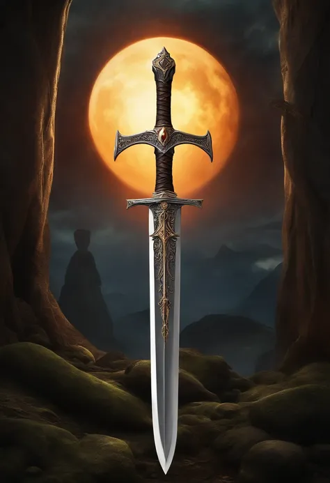 Sword with sun and crescent moon in dark fantasy style