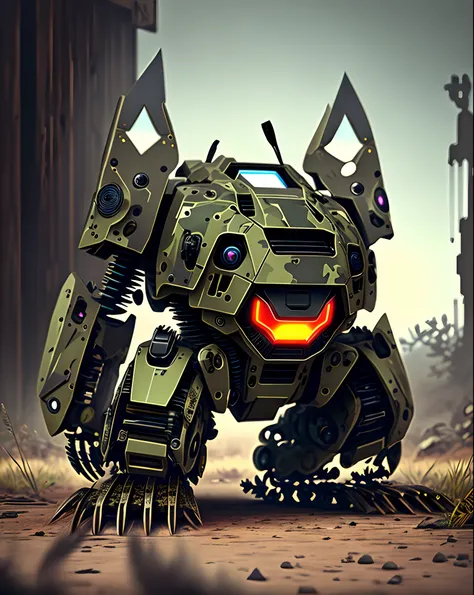 Camo killer robot with glowing eyes and saw blade arm