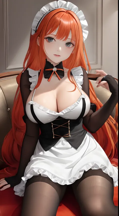 /draw apron orange_hair green_eyes breasts breasts_out couch dress female frills gloves highres koruse large_breasts long_hair looking_at_viewer lying maid maid_apron maid_headdress no_panties original solo gloves black pantyhose lifts her skirt and shows ...