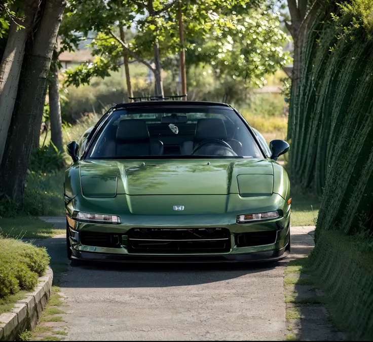 a close up of a green sports car parked on a street, honda nsx, wide body, front profile!!!!, front shot, front profile shot, front on, miura kentaro style, 4k serene, front perspective, hd masterpiece, green tint, metalic green, olive green, jade green, b...