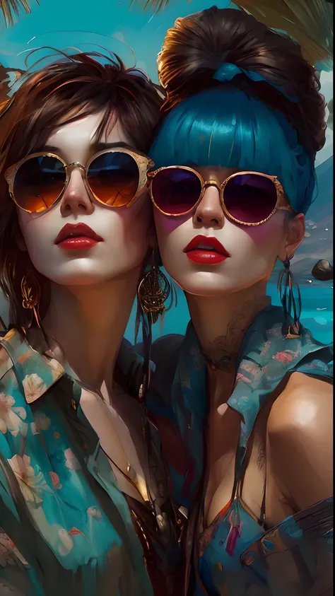 Two women with dark hair and wearing sunglasses posing for photo, beeple and jeremiah ketner, jen bartel, lois van rossdraws, karol bak uhd, karol bak and peter mohrbacher, Author: Mads Mountain, Diego Dayer, Rob Rey and Kentaro Miura Style, ( ( Mads Mount...