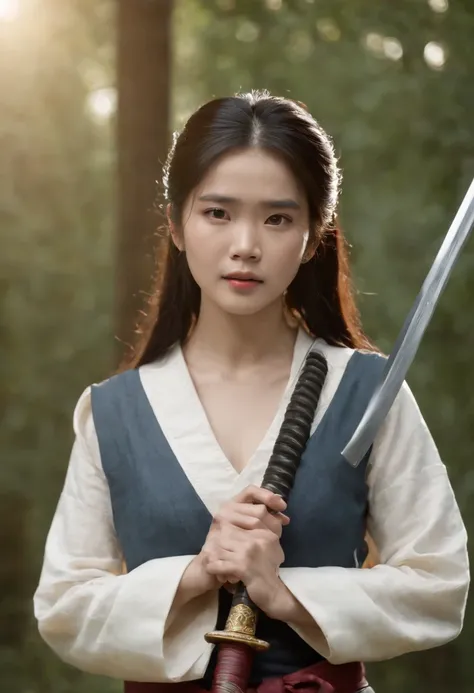 UHD, 8k, Heres a woman kneeling with a sword in her hand, desembainhando sua katana, she is holding a katana sword, com espada grande, posando com uma espada, she is holding a sword, long sword in her hand, segurando uma espada em seu ombro, Katana Chainsa...