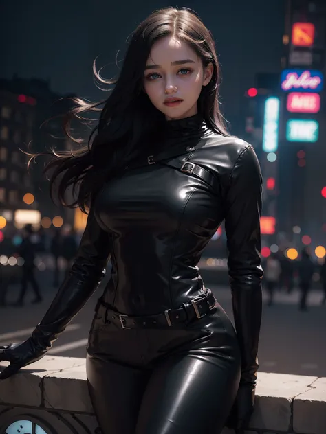 (1 lady), Emilia Clarke

, beautiful face, Black hair , big boobs,perfect body shape, amazing eyes, warm smile, wearing latex black gloves, (black tight dress +long black sleeves, black tight trousers, black leather Jacket ),  (pantyhose:0.9),model pose, C...