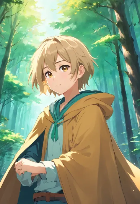 (best quality,Altas:1.2), 1boy, ashy blonde hair, messy hair, short hair, long cape, brown eyes, cape, fantasy, forest