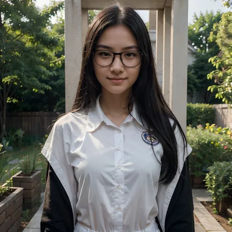 Very young female, half chinese, small slit-eyed, glasses, black hair, flawless white skin, long hair, photorealistic, best quality, hyper detailed, middle school student, beautiful woman, selfie photo, upper body, solo, wearing uniform, smiling at garden,...