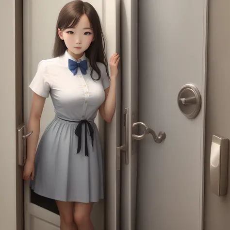 Sexy female, wearing sexy dress, standing up against the door. good looking male standing on the other side of the door wearing an open smart white shirt with an untied bow tie.