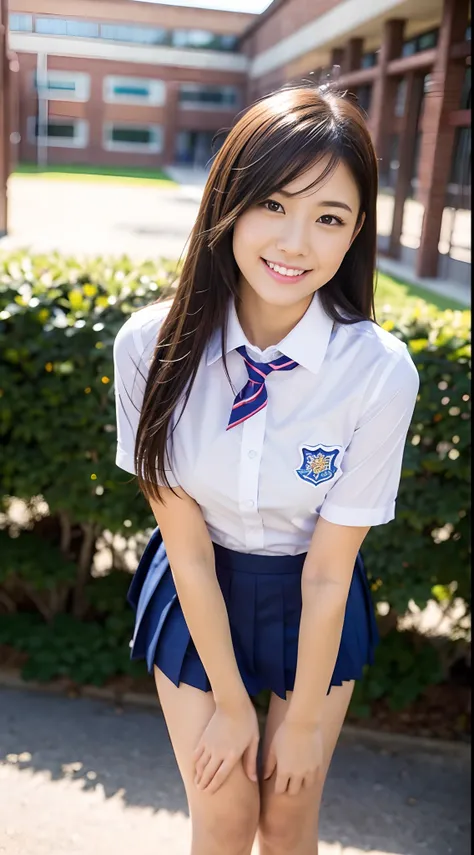 (((full bodyesbian)))、((School Uniforms))、((１a person))、Close to the subject、((a miniskirt))、(((school buildings)))、(((ssmile)))、(((Girls High School)))、((Extraordinary beauty))、((sexy  pose))、Photorealsitic、Beautiful detailed eyes、Hyper-Realism、highcontra...