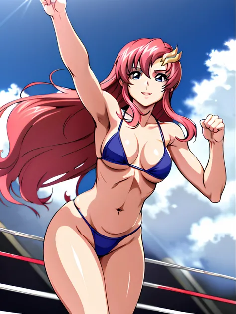 (masterpiece, far view, 4K, Best Quality, Anime style: 1.9,, Adult Woman, ultra detailed face, (cloud background, wrestling), Drawing lines, high resolution, Anime, lacus4), 1girl, Solo, curvy figure, Long hair, 鎖骨, scapular, (Detailed wide hair bangs, Hai...