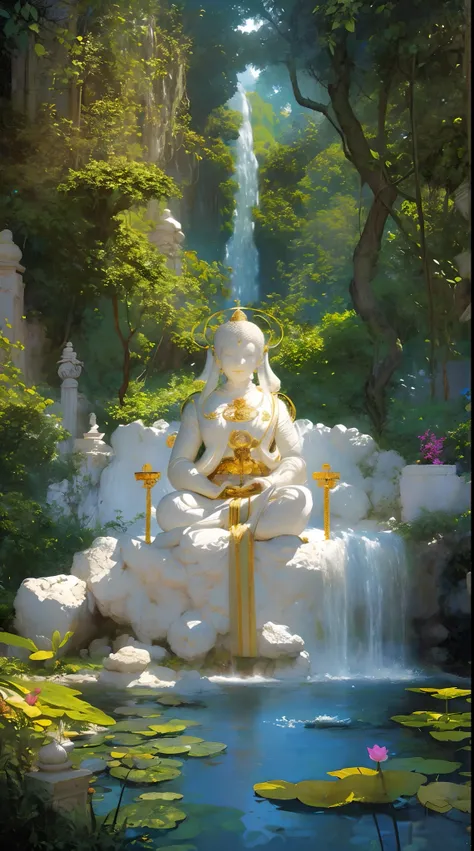 Best quality,8K,A high resolution,Masterpiece:1.2,Ultra-detailed,Sharp focus,Physically-based rendering,professional,Vivid colors,Bokeh,BUDDHA STATUE,Peaceful,serene,scenic landscape,Sunlight illuminating the statue,The gentle breeze rustles the leaves,sur...