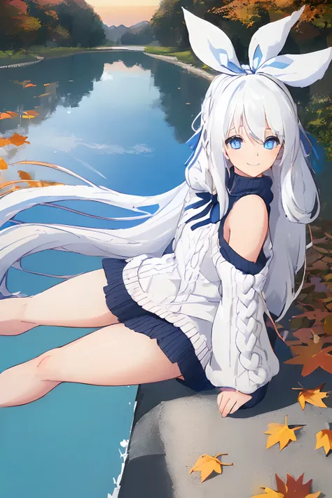 ((((1 girl)))), ((((solo)))), fullbody, ((((white hair)))), long hair, ((((blue hairribbon)))), ((((blue eyes)))), happy, smile, 18 year old, dynamic angle, Cold-Shoulder Sleeves, (((knit))),  Hip Length, sleeves_past_wrists, sunset, Charming autumn park w...