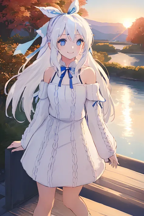 ((((1 girl)))), ((((solo)))), fullbody, ((((white hair)))), long hair, ((((blue hairribbon)))), ((((blue eyes)))), happy, smile, 18 year old, dynamic angle, Cold-Shoulder Sleeves, (((knit))),  Hip Length, sleeves_past_wrists, sunset, Charming autumn park w...