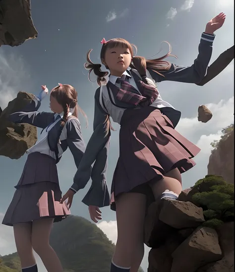 twins, school girl, japanese, same clothes, falling rocks