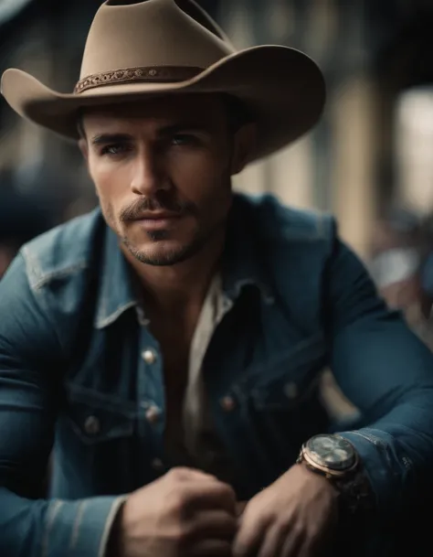 Cinematic portrait, ((Upper body)), Facing the audience, (reality :1.3), most beautiful artwork photo in the world, A man looks at the camera, Vintage denim outfits, Western cowboy, Detailed beautiful face, action  shot, (Intricate :1.4), Western backgroun...