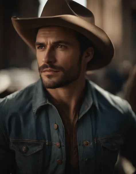 Cinematic portrait, ((Upper body)), Facing the audience, (reality :1.3), most beautiful artwork photo in the world, A man looks at the camera, Vintage denim outfits, Western cowboy, Detailed beautiful face, action  shot, (Intricate :1.4), Western backgroun...