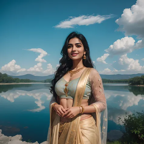 indian mature girl  indain women, mature indian ,Masterpiece, (((full figure ))) entire body in frame, (((magical lighting action shot))) (((beautiful fit cute smiling woman standing on marble surrounded by clouds in heaven vast floating lakes rivers water...