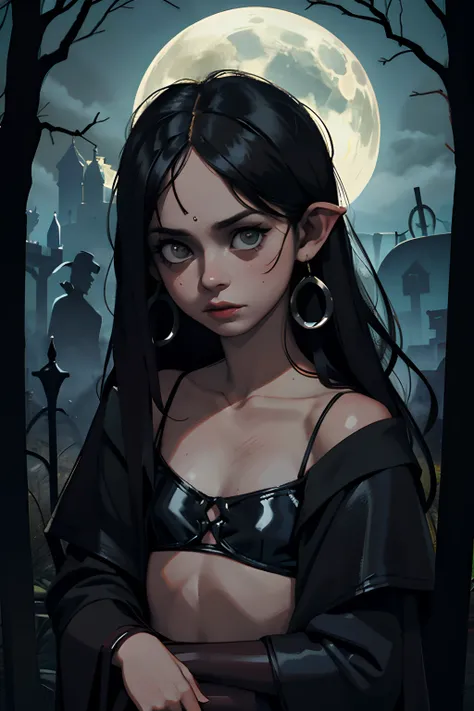 Retrato de rodillas a cabeza, joven bruja elfa oscura sentada, piernas abiertas, cuerpo completo, bikini negro oscuro, bruja tiene, Gloomy and scary atmosphere, botas negras, Bosque espeluznante, orejas puntiagudas, cuerpo completo