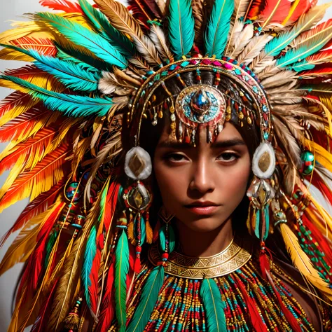 Wear a feather headdress，Arad woman with feathers on her head, aztec princess portrait, wearing crown of bright feathers,beautiful woman with feathers, Beautiful female shaman, she is dressed in shaman clothes, feathered headdress,Tattoo of the sternum, or...