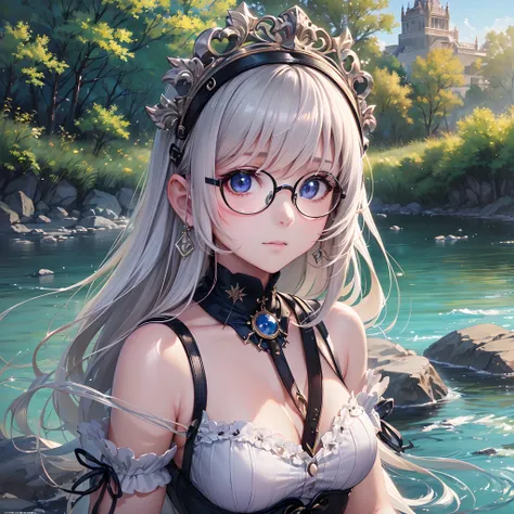 ((Finest quality)),(超A high resolution),(ultra-detailliert),(Meticulous portrayal),((Best Anime)),Art at its finest.,sharpnes,Clair, (1人の女性:1.3),Round frame glasses,river bank,river stream