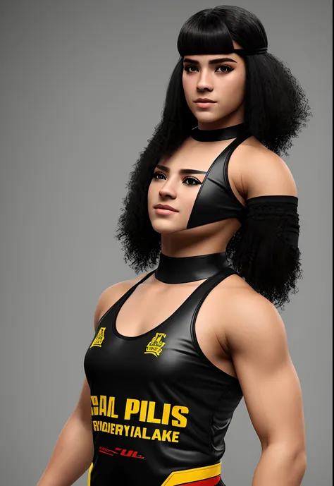 Realistic female wrestler who has black hair and dresses like a skateboarder