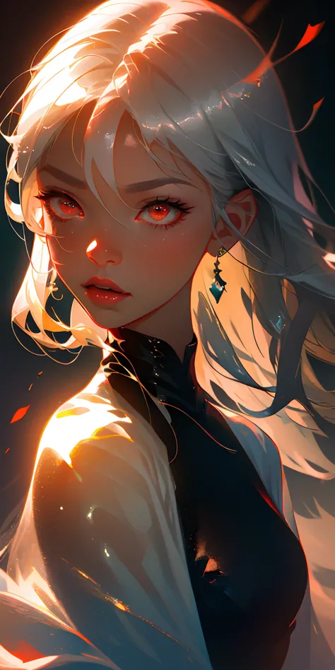 - Long image - Looking at scenes - Fringe - High resolution - Hair between eyes - Red eyes - Fell - Absurdities - Silver hair - Parted lips - Shine - 4K - Face - Head out of frame - Girl - Earrings