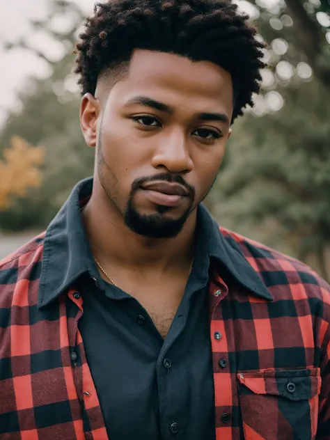 lifestyle photography, photo of a handsome black man, meditative facial expression, red flannel shirt, black cargo pants and combat boots, close up on face, soft lighting, high angle, shot on a Fujicolor Pro