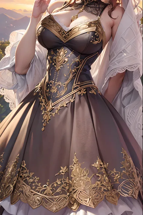 ((Finest quality)),(超A high resolution),(ultra-detailliert),(Meticulous portrayal),((Best Anime)),The best art.,sharpnes,Clair,natural soft light:1.3,at the sunset (adult  woman),(Detailed and detailed beautiful colored dresses,Meticulously designed lace,o...