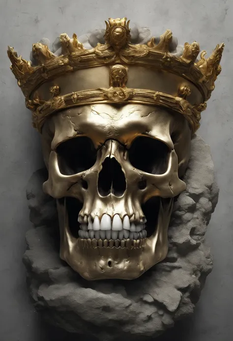 Skull facing forward with a golden crown on its head and with the bottom jaw crumbling