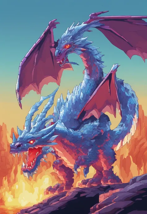 Best Quality,4K,8K,hight resolution,masutepiece:1.2),Ultra-detailed、A two-headed dragon with both ice and fire powers、One head spewed out ice.、The other head blows out fire、stunt: Breath of ice、stunt: Fire Breath