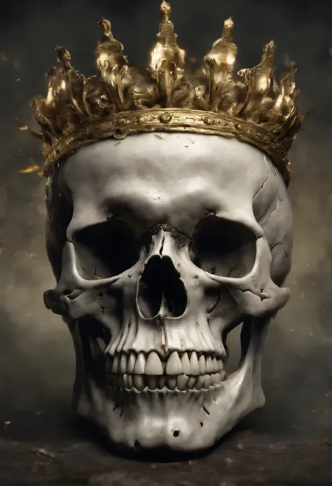 Skull facing forward with a golden crown on its head and with the bottom jaw crumbling