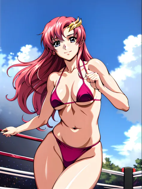 (masterpiece, far view, 4K, Best Quality, Anime style: 1.9,, Adult Woman, ultra detailed face, (cloud background, wrestling), Drawing lines, high resolution, Anime, lacus4), 1girl, Solo, curvy figure, Long hair, 鎖骨, scapular, (Detailed wide hair bangs, Hai...