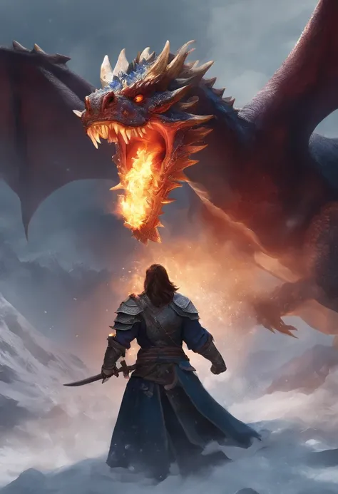 Best Quality,4K,8K,hight resolution,masutepiece:1.2),Ultra-detailed、A two-headed dragon with both ice and fire powers、One head spewed out ice.、The other head blows out fire、stunt: Breath of ice、stunt: Fire Breath