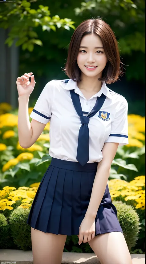 (((full bodyesbian)))、((Girls High School Uniforms))、((１a person))、short-hair、Close to the subject、((a miniskirt))、(((School flower beds)))、(((ssmile)))、(((Girls High School)))、((a beauty girl))、((sexy  pose))、Photorealsitic、Beautiful detailed eyes、Hyper-R...